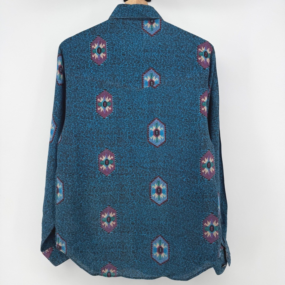 Vintage Wrangler Authentic Western Medium Teal Geometric Medallion Button Shirt - Picture 3 of 8